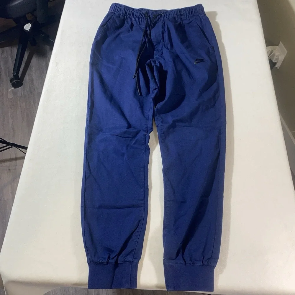 Nike Blue Jogger Pants Men's Medium Elastic Waist Cuffed Ankle Logo Zip‎ Fly